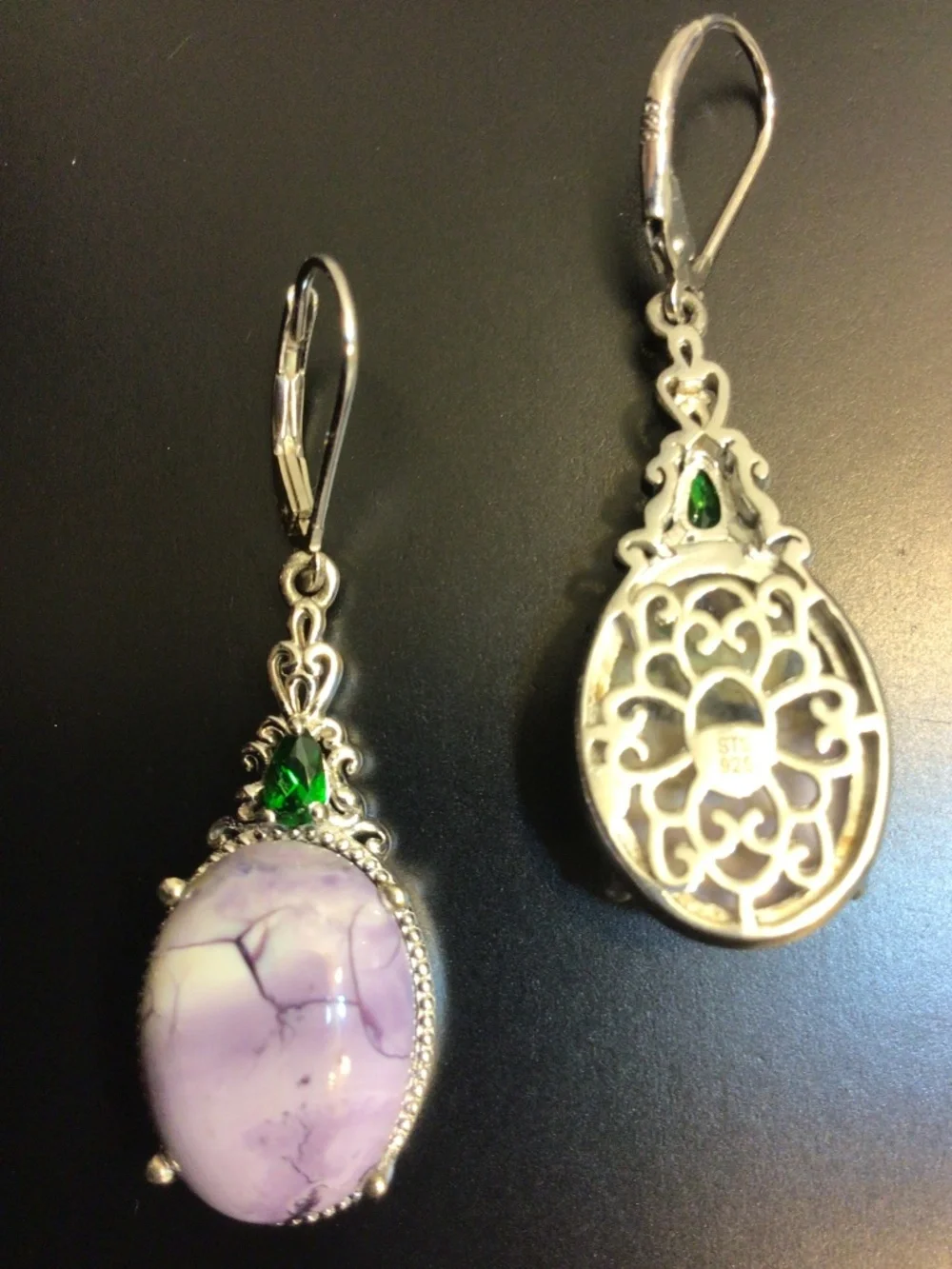 Sterling Silver 925 Ornate Dangle Earrings Oval Pink/Lavender Dendritic Opal?